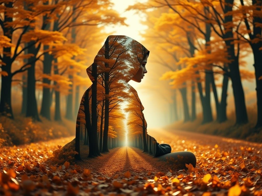 Tranquil Autumn Forest with Double Exposure Figure