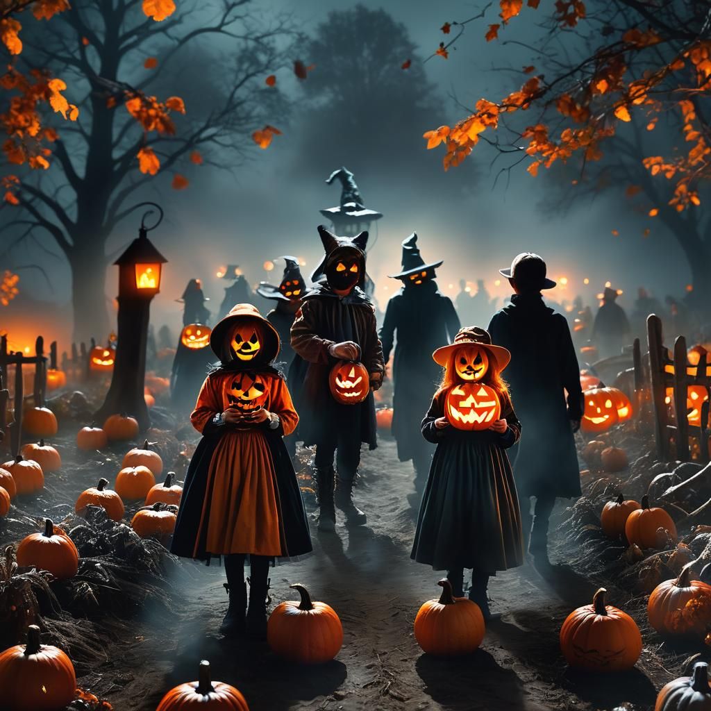 Haunted Pumpkin Patch with Trick-or-Treaters in Digital Art