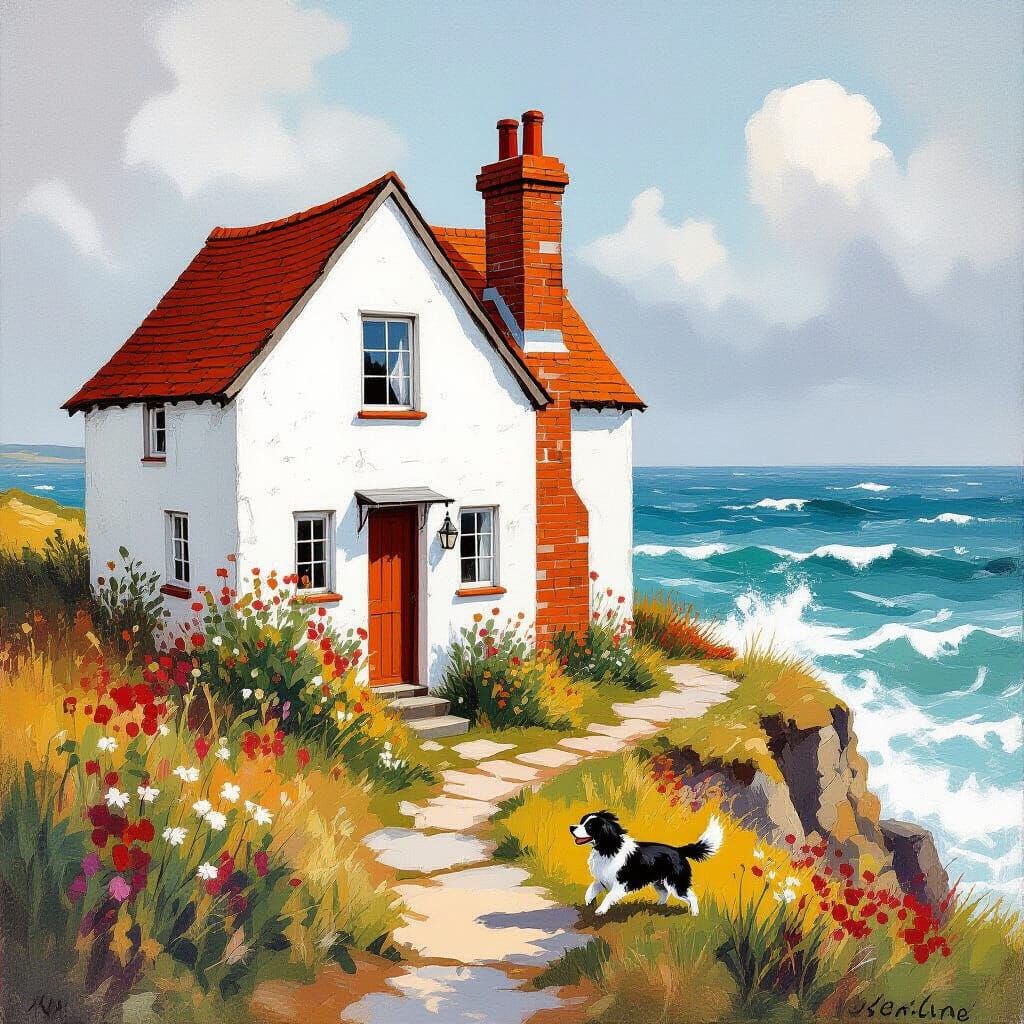 Coastal Cottage with Spaniel in Gouache Style