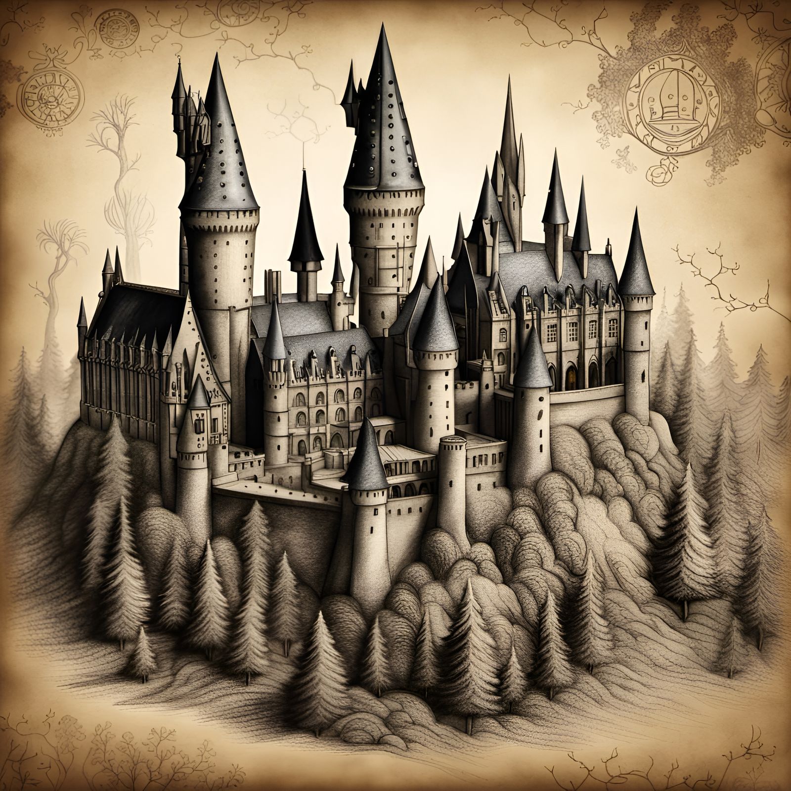 Hyperrealistic Hogwarts Castle Pencil Shading