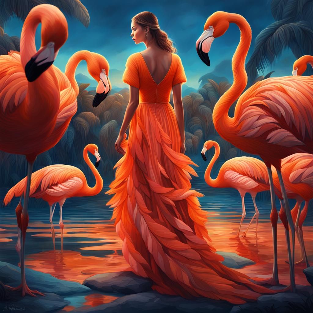 Woman with Flamingo in Dramatic Realist Style