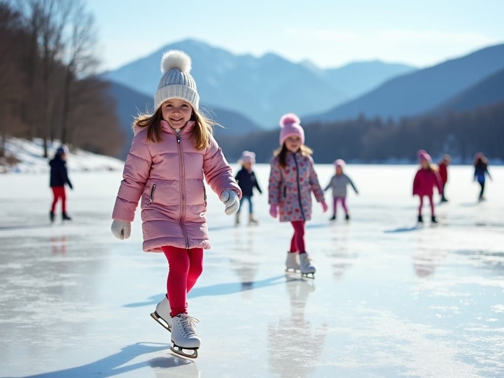 Children's Winter Wonderland on a Frozen Lake in Bright Suns...