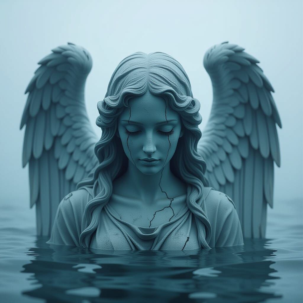 Ethereal Angel Statue in Misty Seascape