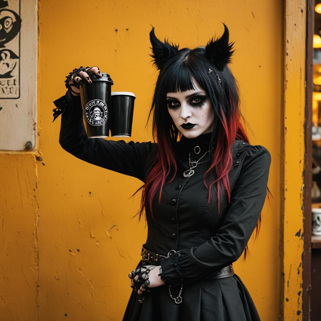 Goth Fashion Model in Coffee Shop