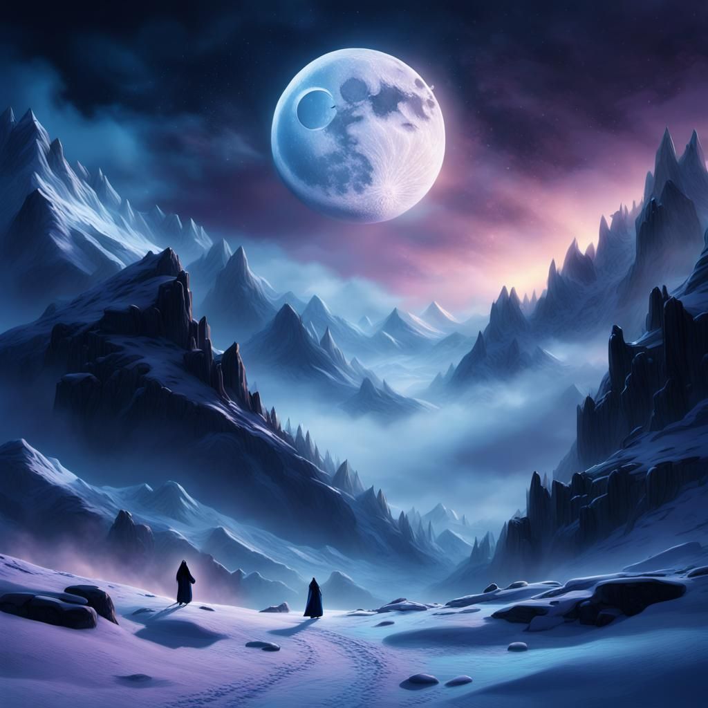 Black Moon Over Blizzard in Fantasy Landscape
