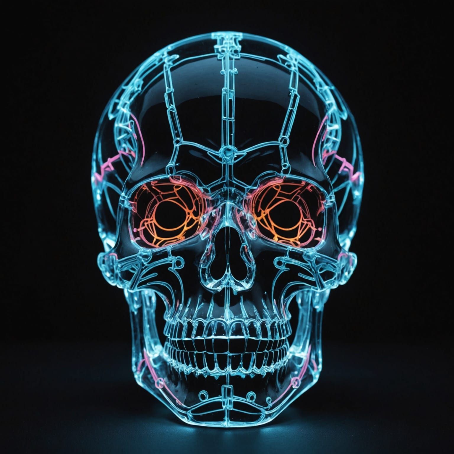 Neon Lit Crystal Skull on Black Background