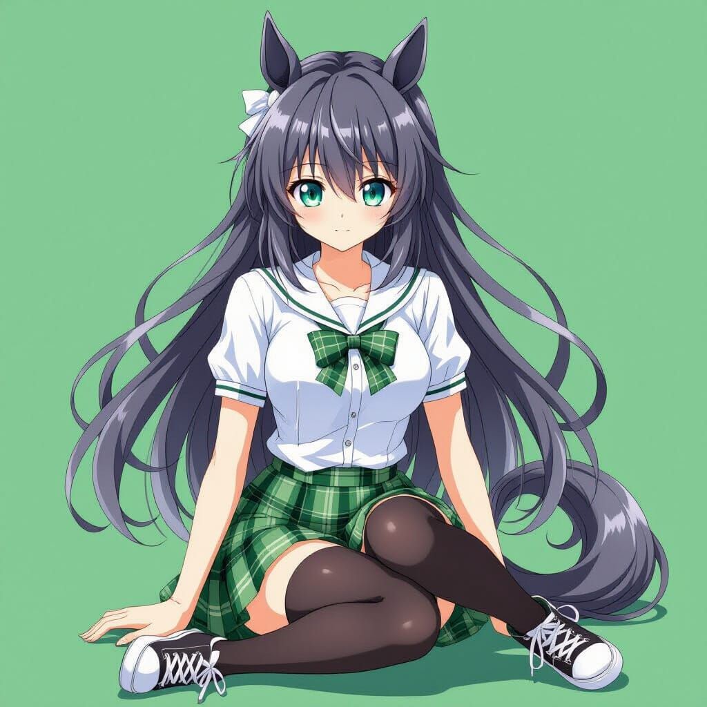 Anime Horse Girl with Plaid Skirt and Flowing Hair