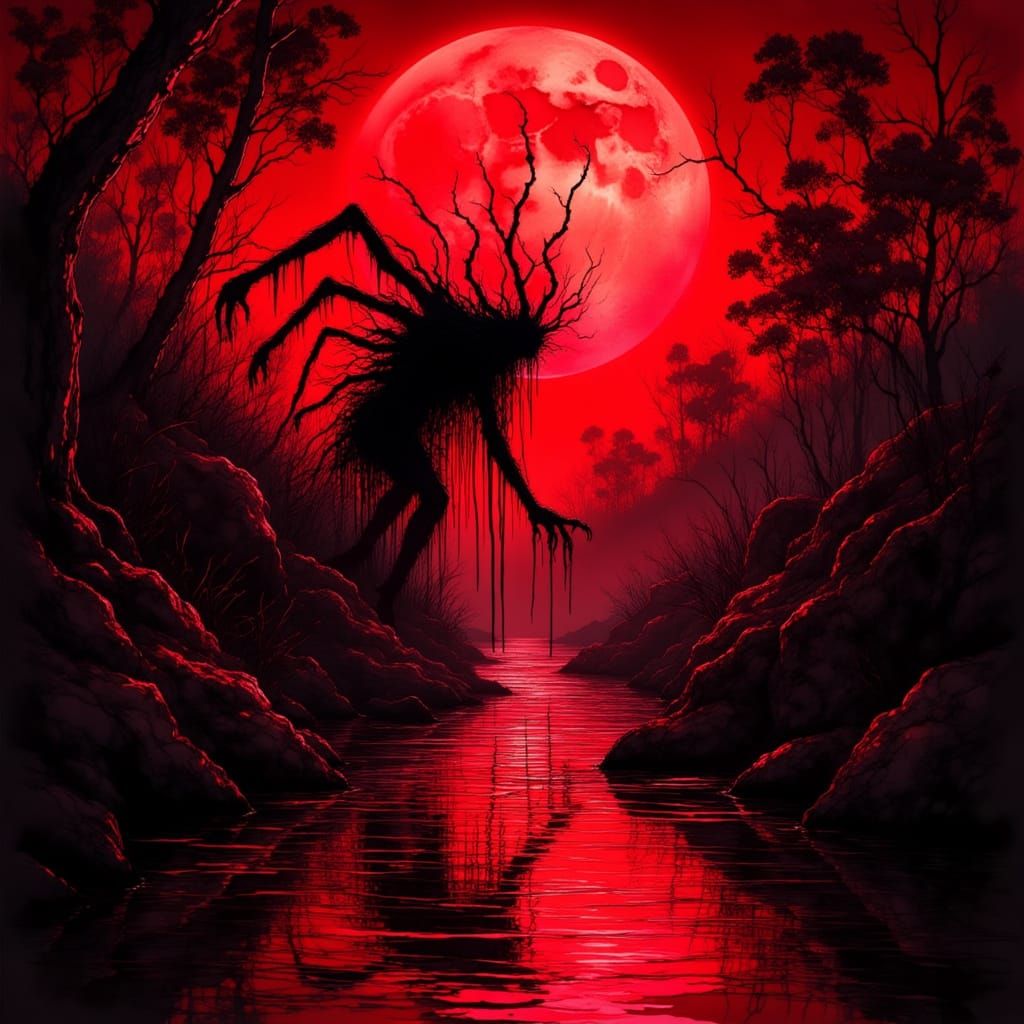 Eldritch Monster Silhouette in Moonlit River