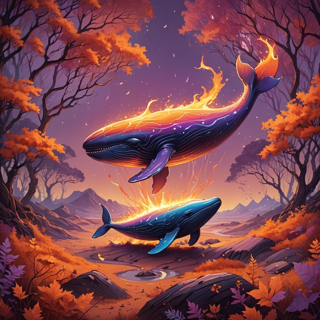 Electric Whale in Rainbow Fire Landscape