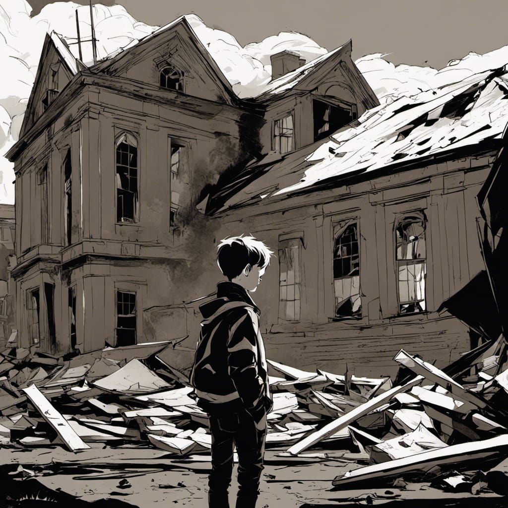 Gothic Boy by Abandoned School in Dark Style