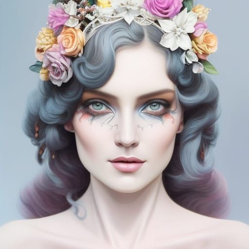 Regal Horned Woman: Intricate Rococo Portrait