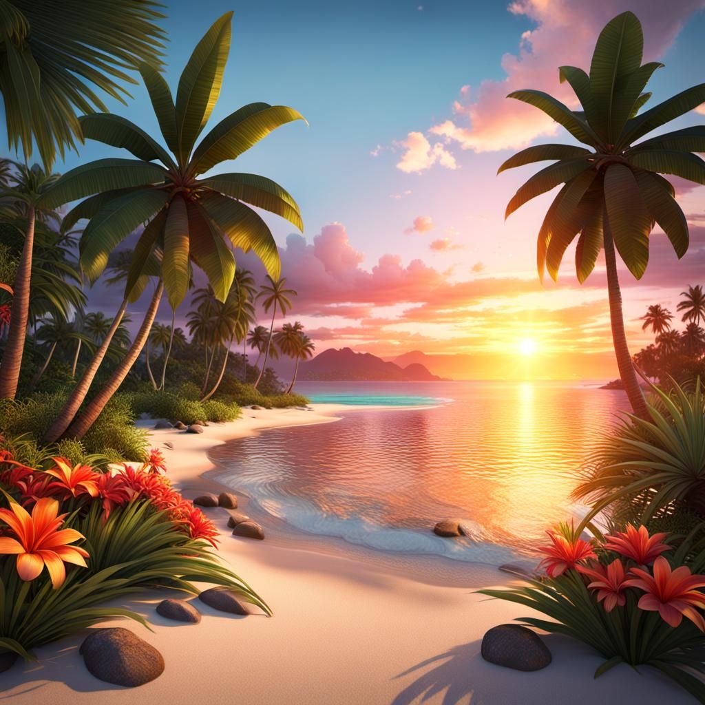Tropical Beach Sunset in Detailed Matte Painting