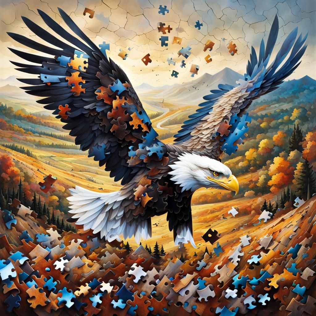 Deconstructed Puzzle Eagle Soaring Over Landscape