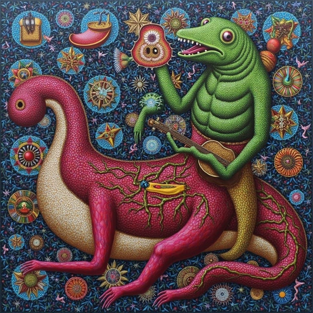 Surreal Maximalist Oil Painting with Grasshopper Violinist