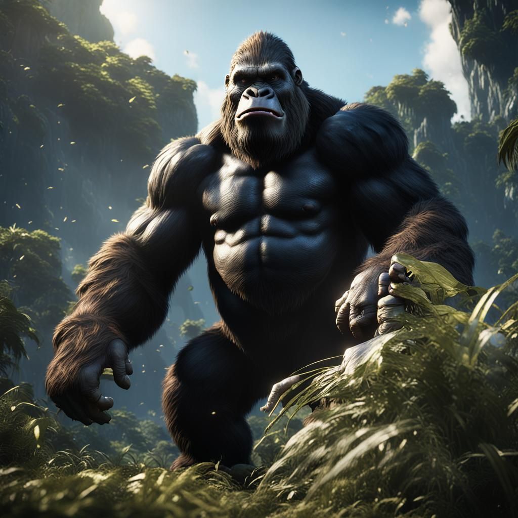 Smiling King Kong in 3D Game Cinematic Style
