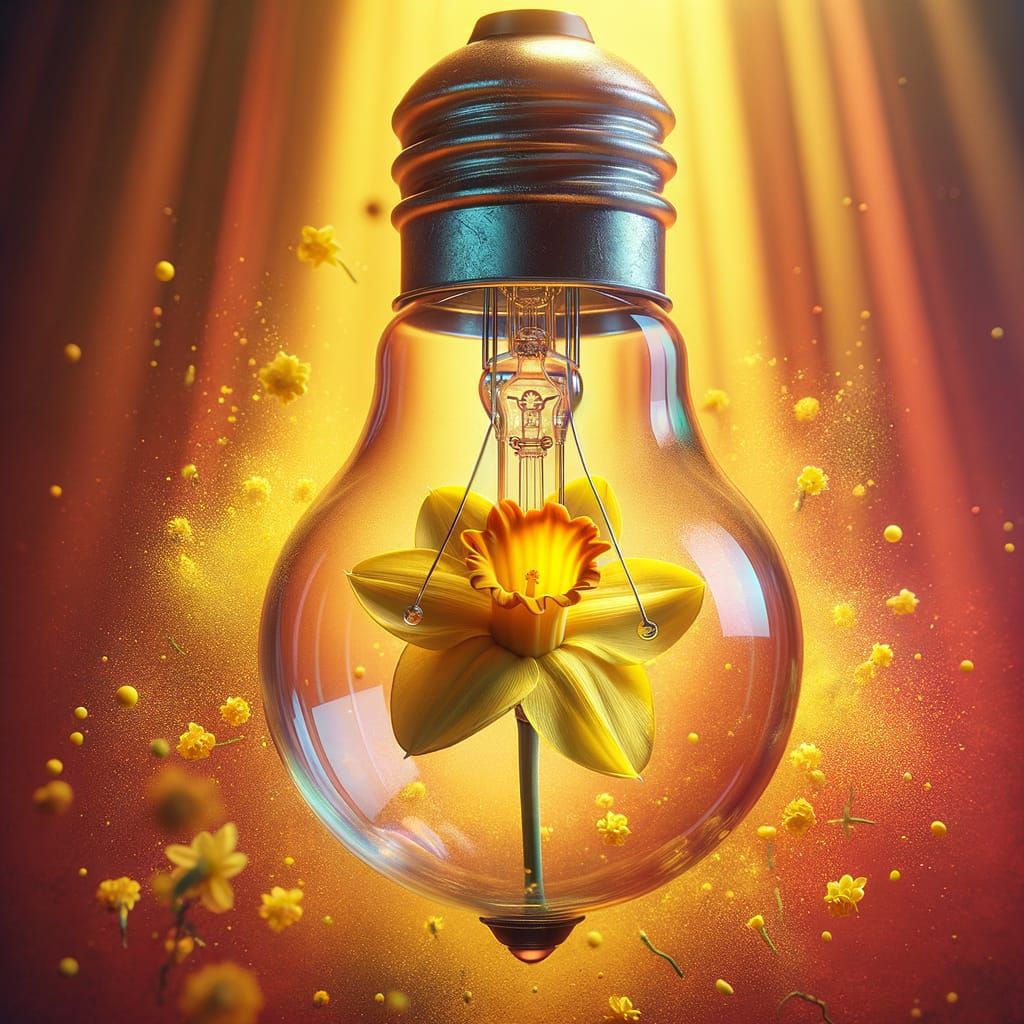 Golden Daffodil Blooms Inside Vintage Lightbulb in English-S...