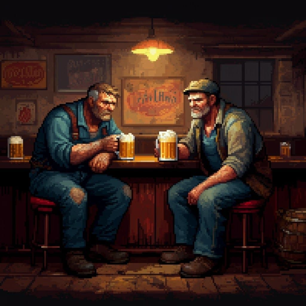 Exhausted Laborers in Dim Pub: 8-bit Pixel Art