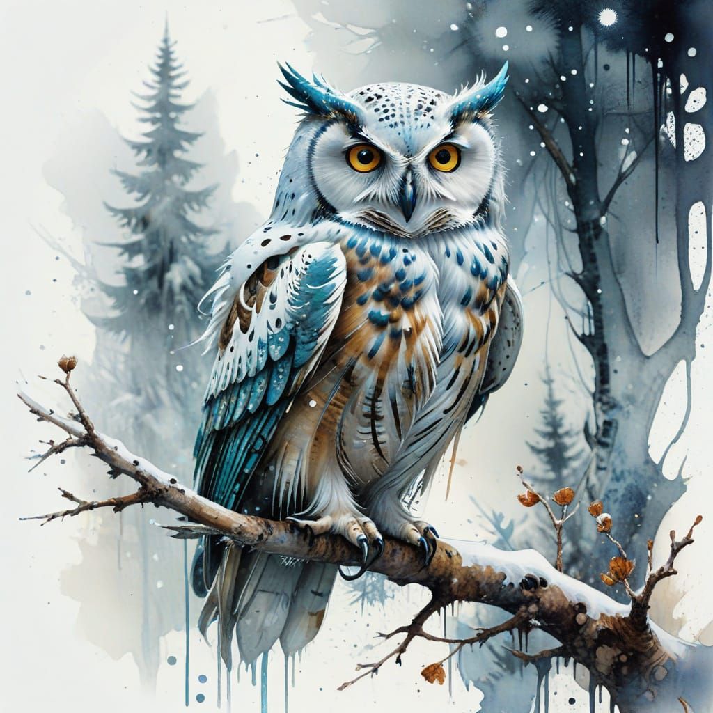 Snowy Owl on Branch in Watercolor Winterscape