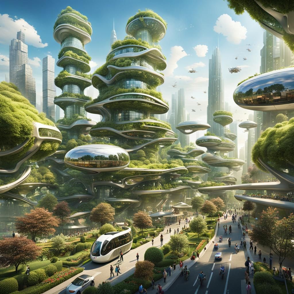 Futuristic Cityscape Integrated with Nature in Solarpunk Sty...