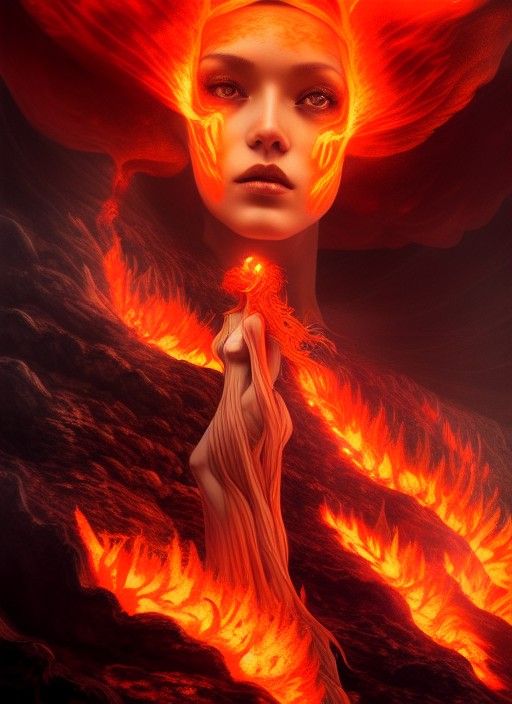 Volcanic Deity in Flames: Detailed Maximalist Portrait