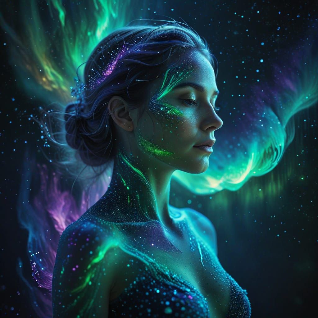 Aurora Goddess Merged with Cosmic Sky