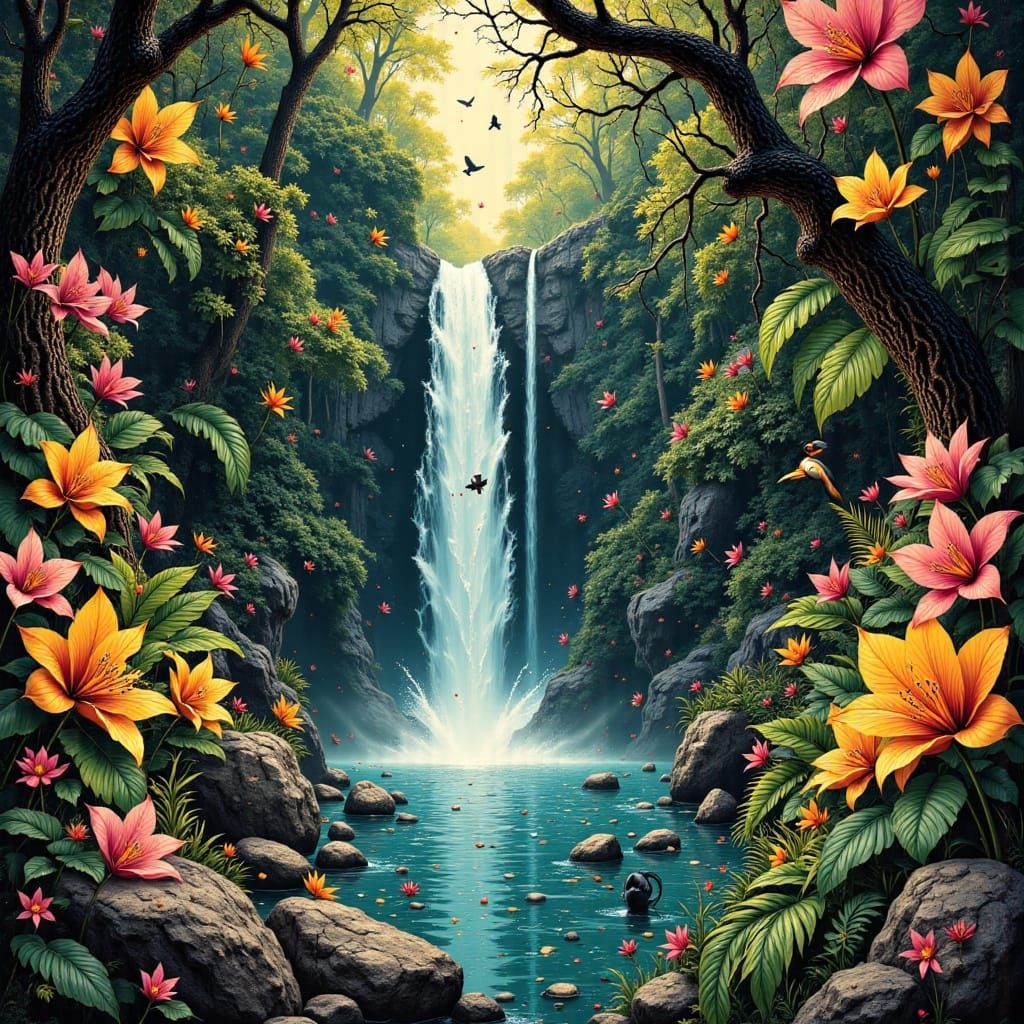 A hidden waterfall in a tropical rainforest teeming with exotic flora and fauna