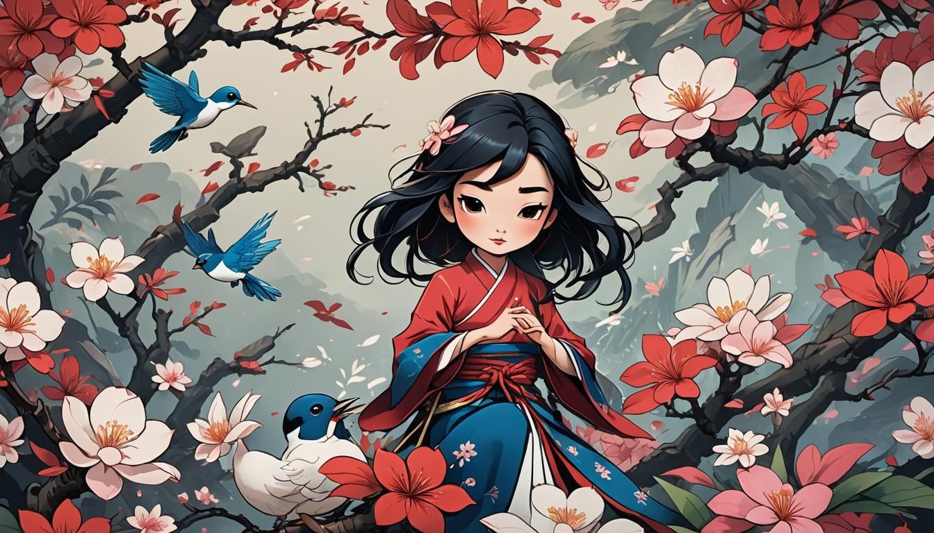 Mulan Chibi with Plumeria in Anime Style