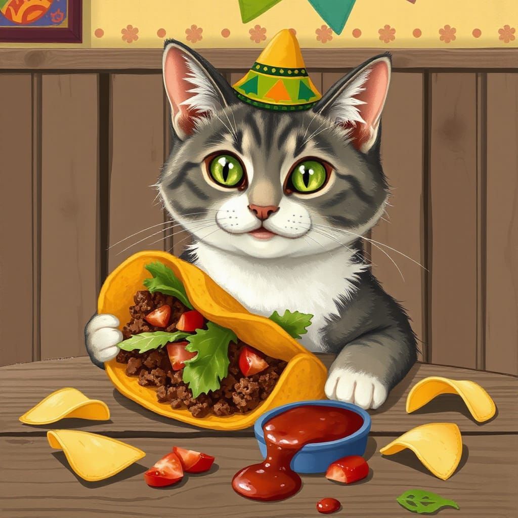 Whimsical Cat Savoring a Vibrant Taco Fiesta