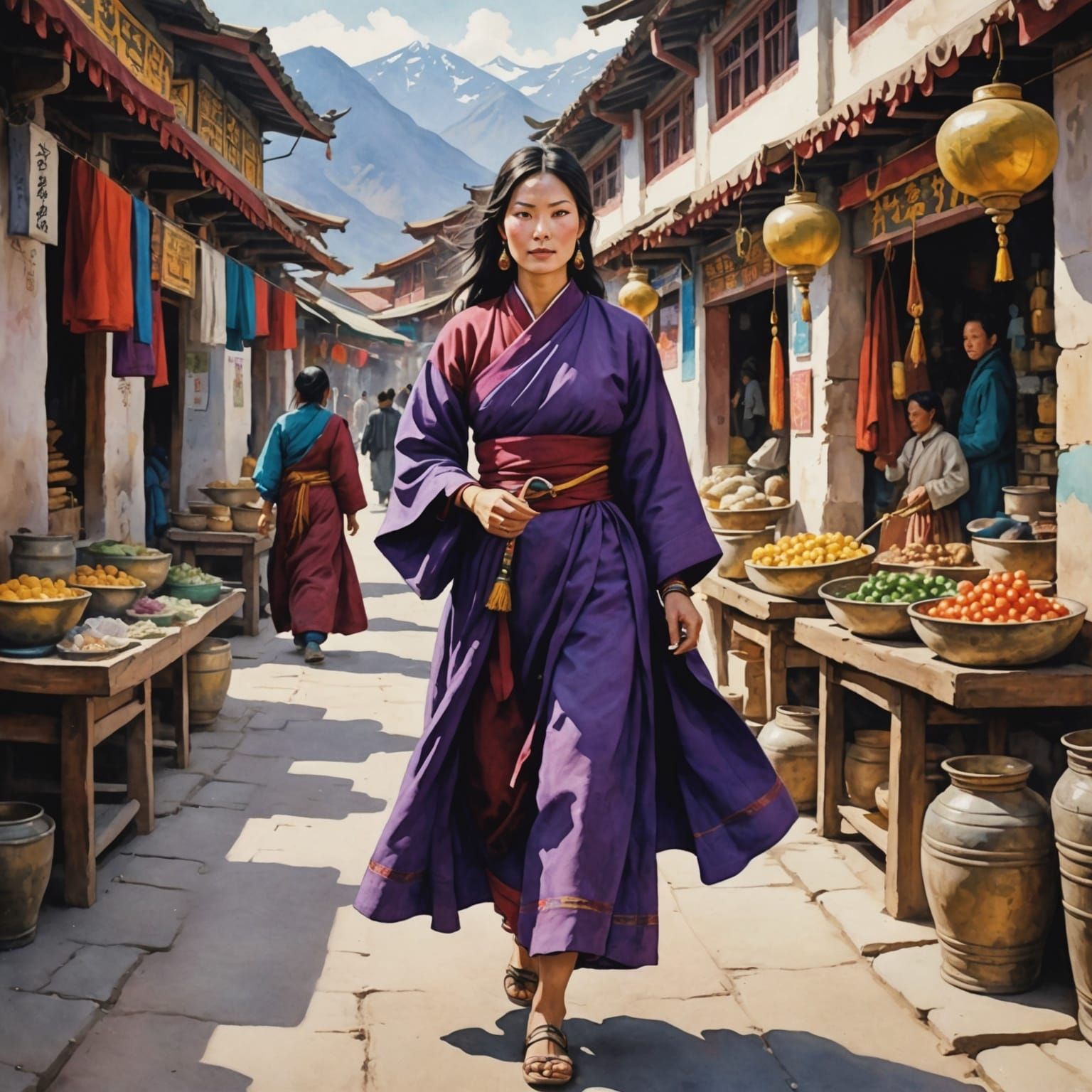 Tibetan Woman in Market, Watercolor Style