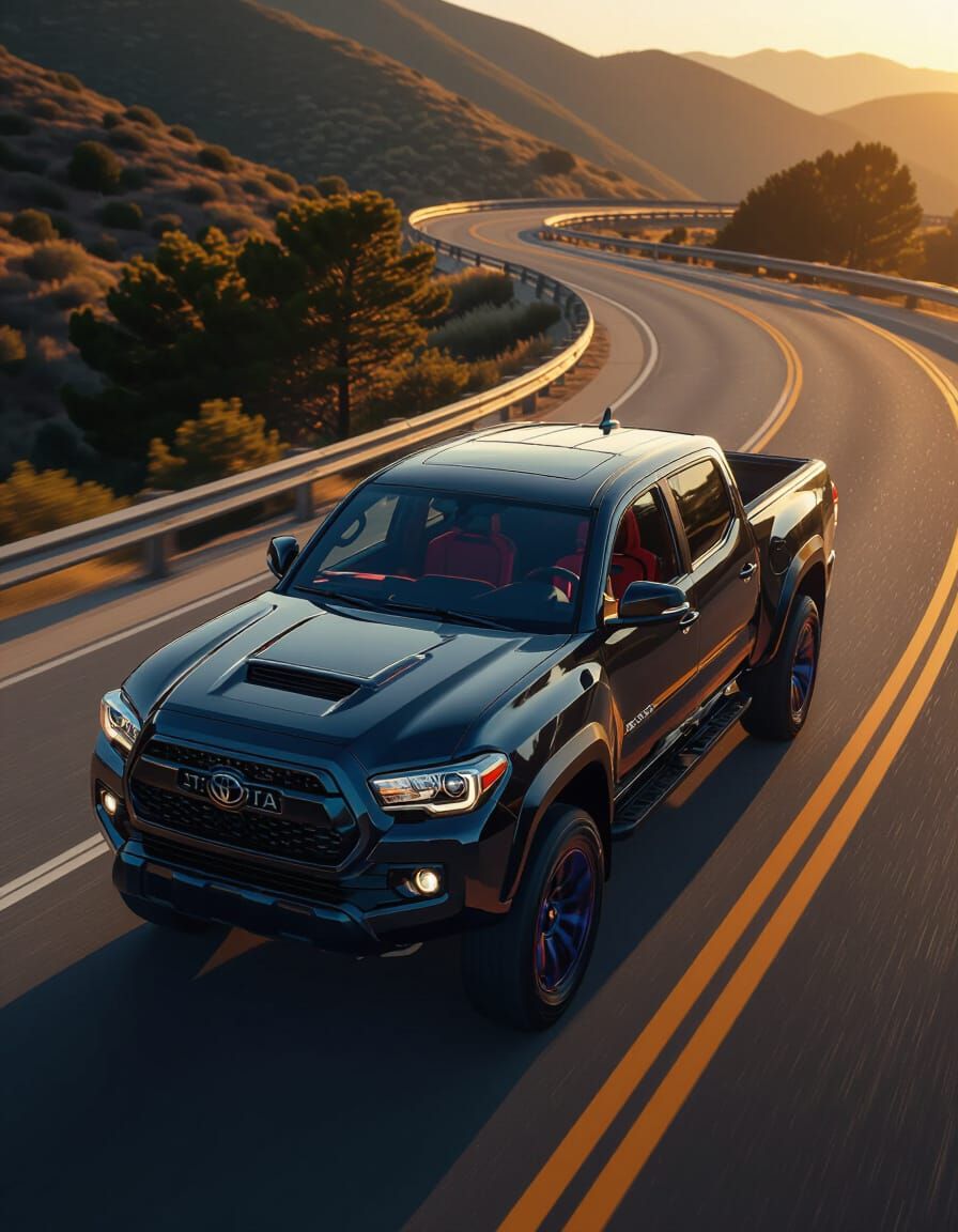 Black Toyota Sports Truck with Indigo Rims on Parkway