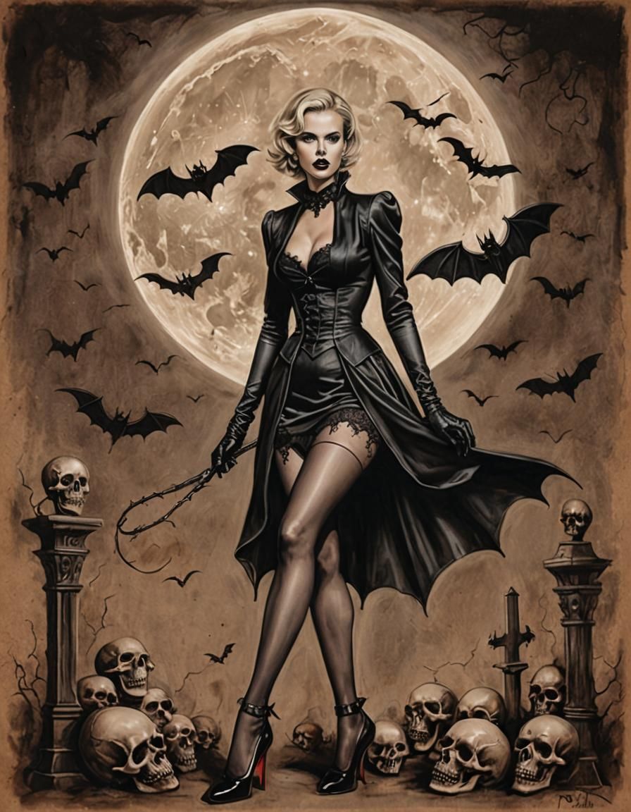 Gothic Pin-Up in Sepia Charcoal Style