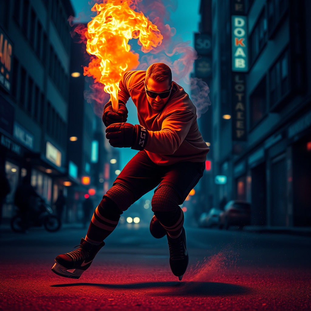 Flaming Hockey Player in Dystopian Cityscape
