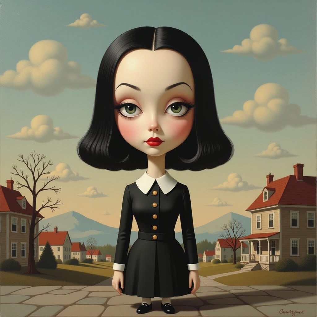 Surreal Wednesday Addams Painting in Magritte & Dalí Style