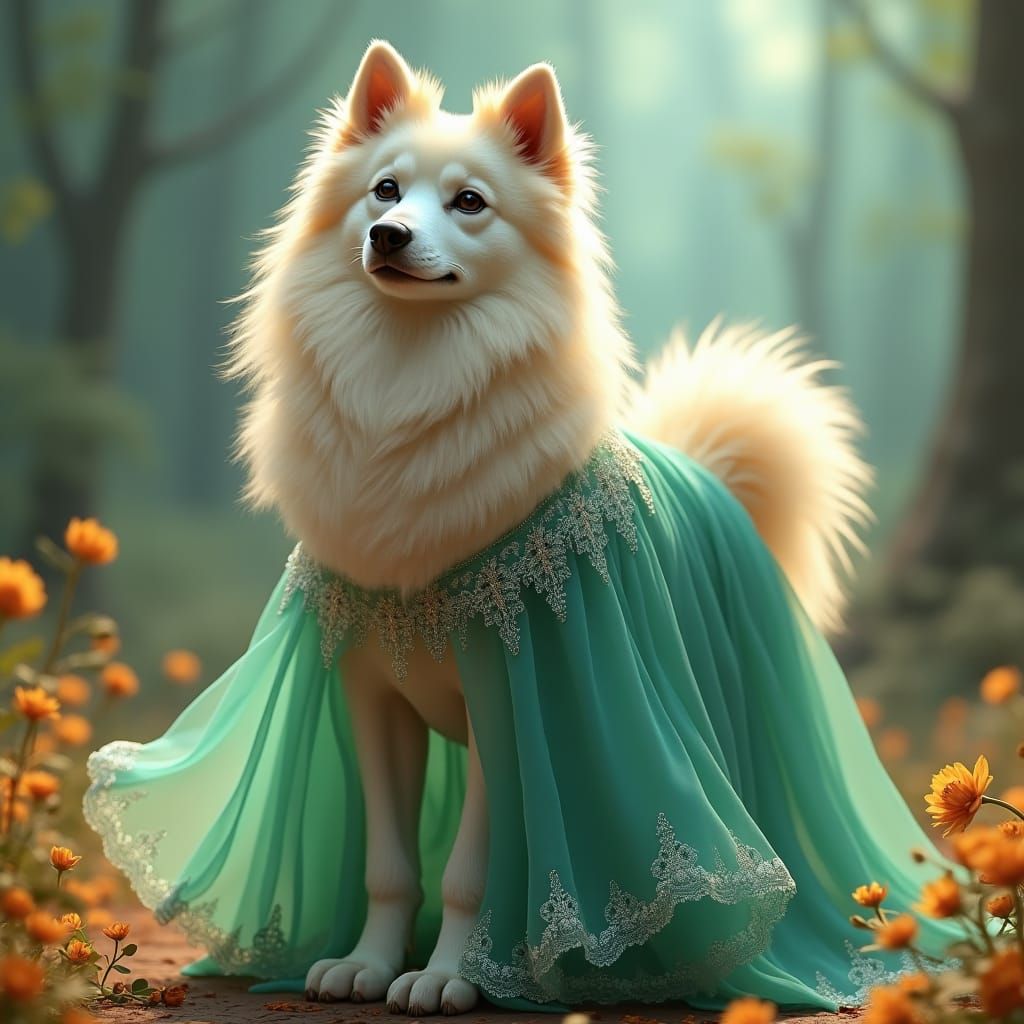 Dog in Flowing Green Dress: Fantasy Concept Art
