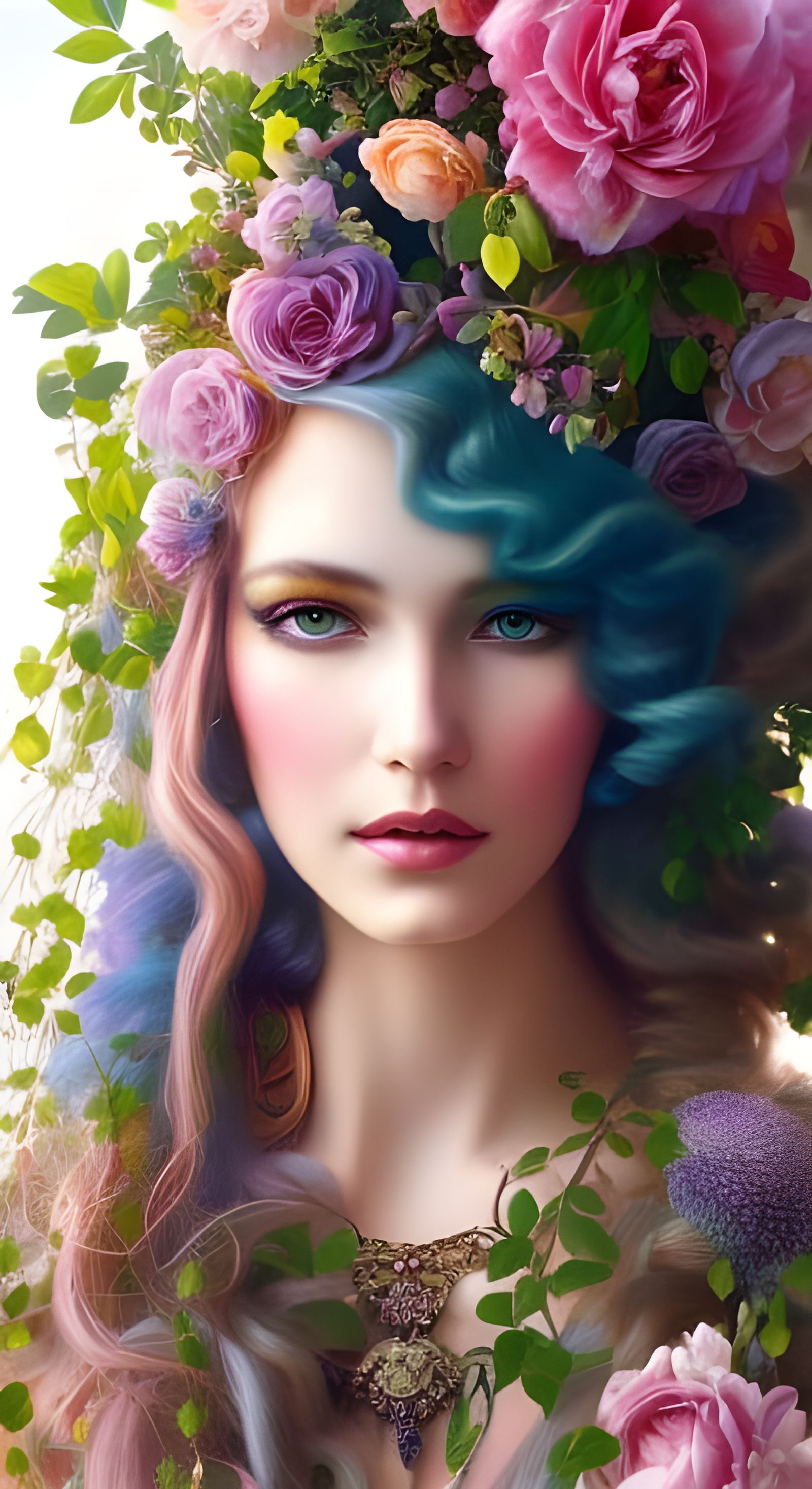 Hippie Woman Portrait with Flowers in Rococo Art Style