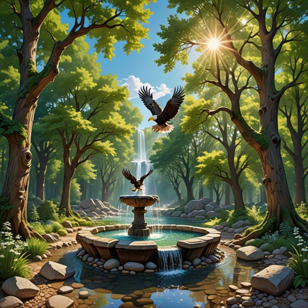 Magical Forest with Fountain and Soaring Eagles