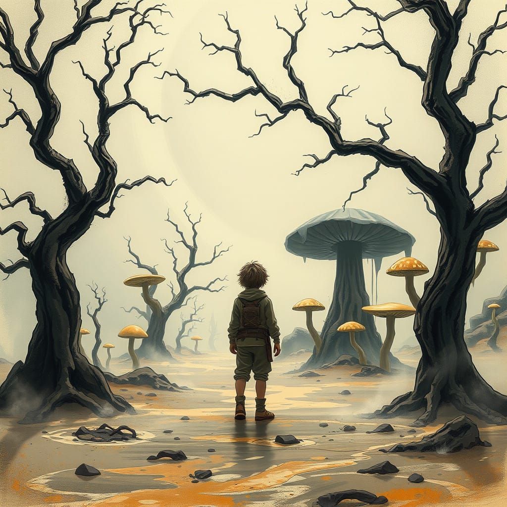 Dreamlike Boy in a Twisted, Charcoal-Sketched Landscape