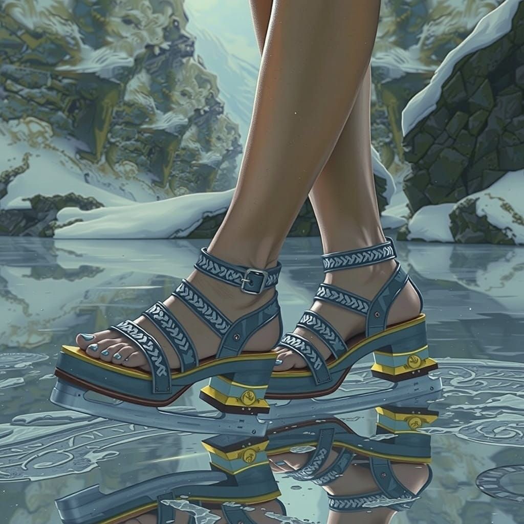 Woman Gliding Across Frozen Expanse in Intricate Grey Sandal...
