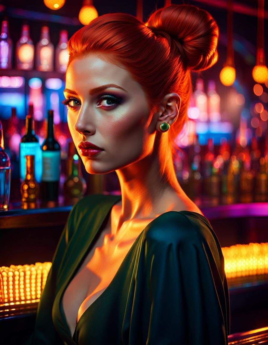 Stunning Redhead in Nightclub: Hyper-Realistic Digital Art