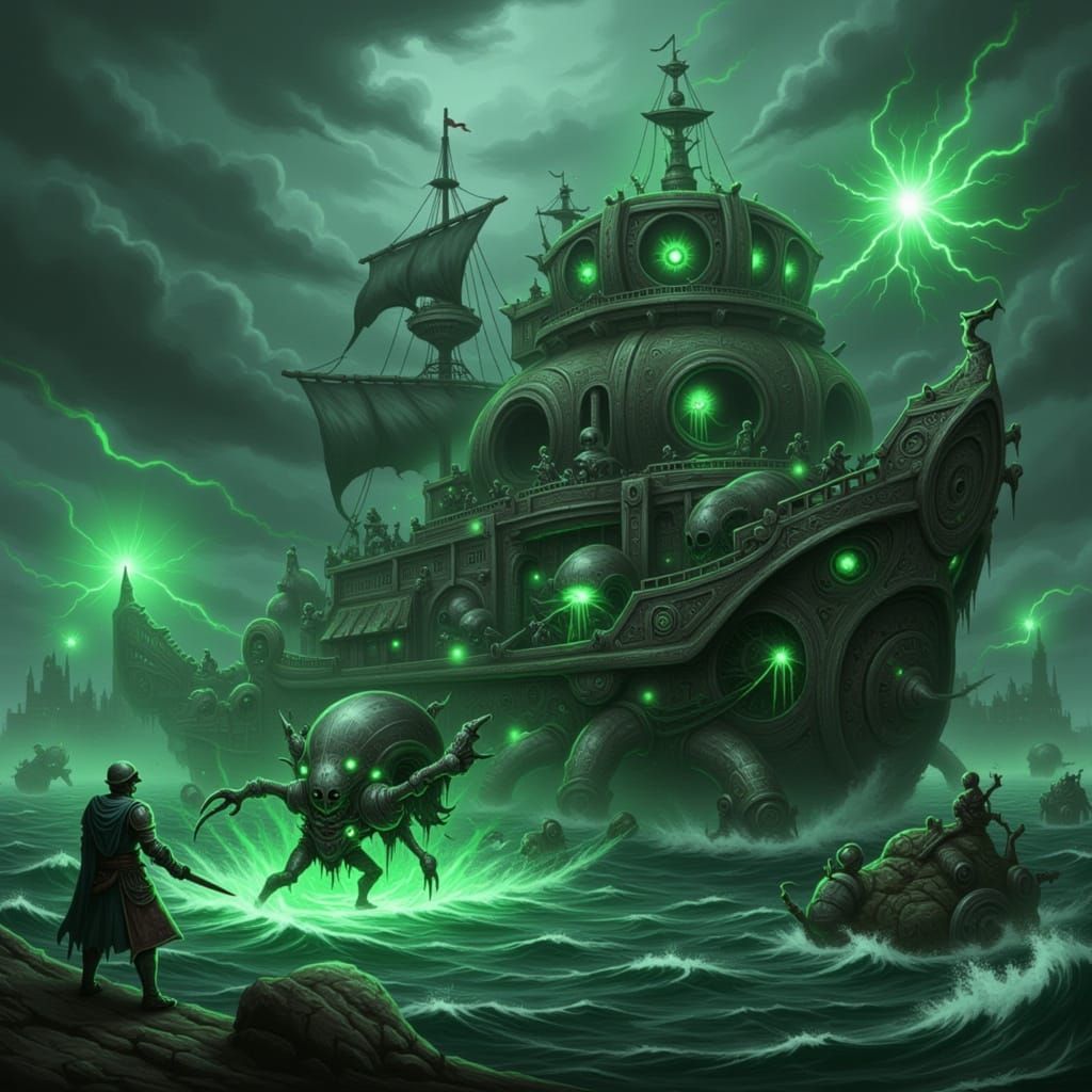 Cyberpunk Medieval Knight Confronts Biomechanical Pirate Shi...