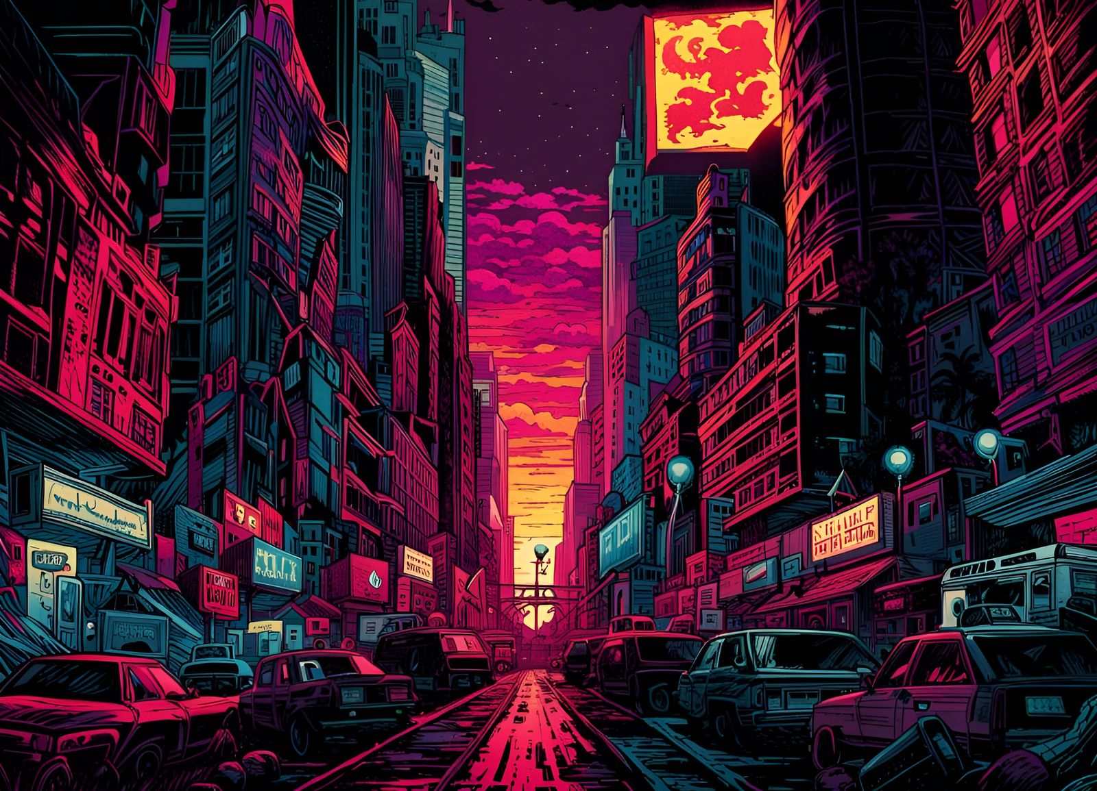 Crimson Urban Landscape in Comic Book Style