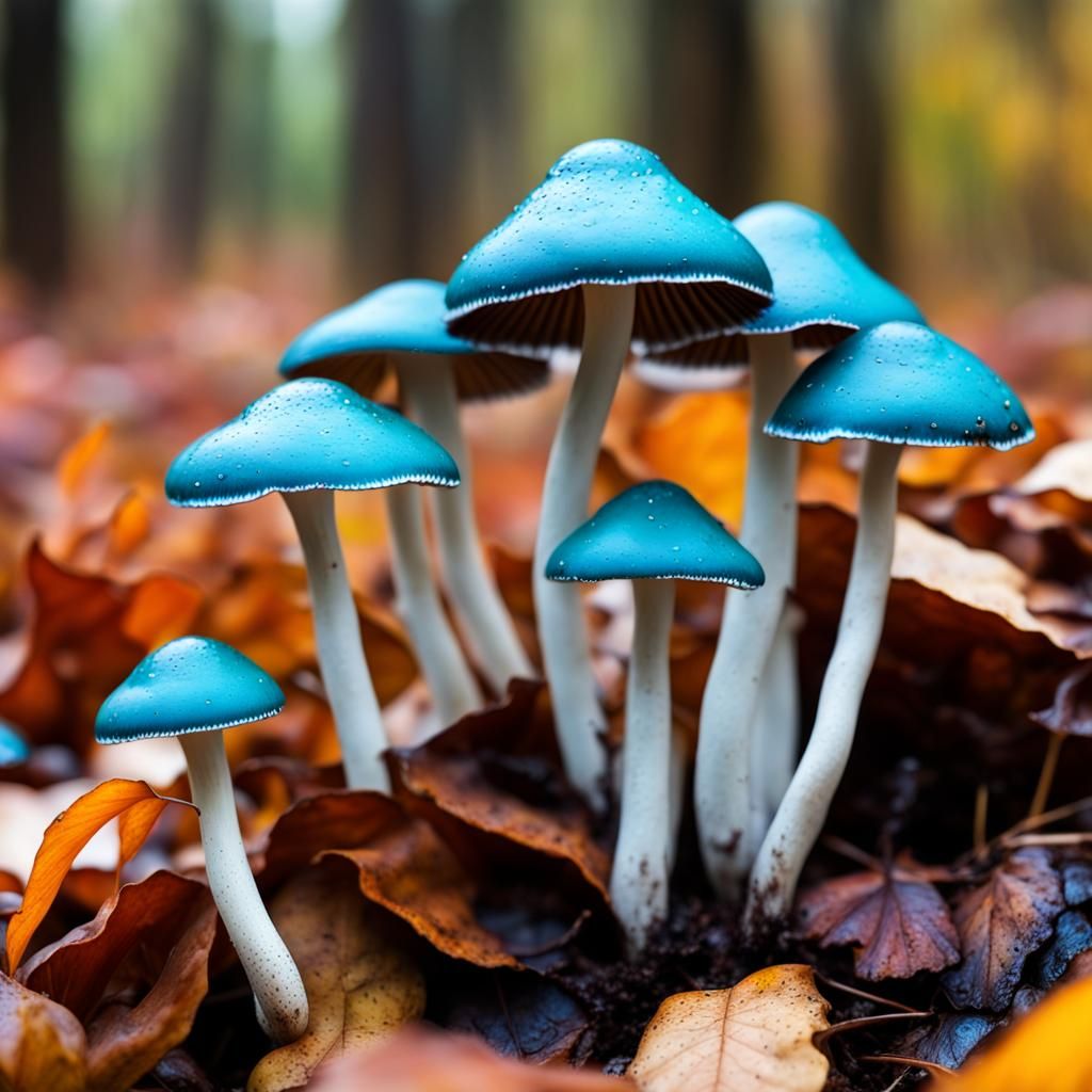 Turquoise Mushrooms Among Autumn Leaves