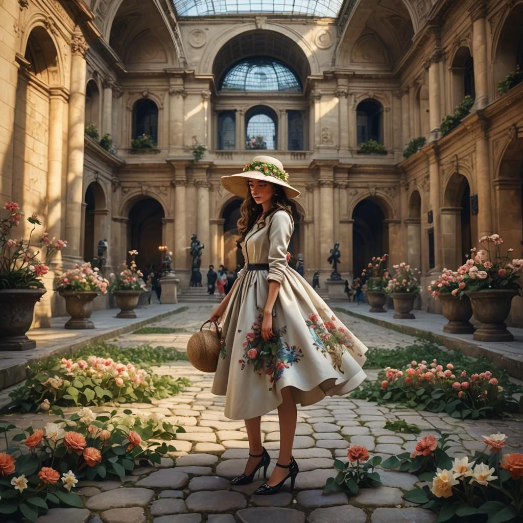 French Woman in Louvre Courtyard: Oil on Canvas