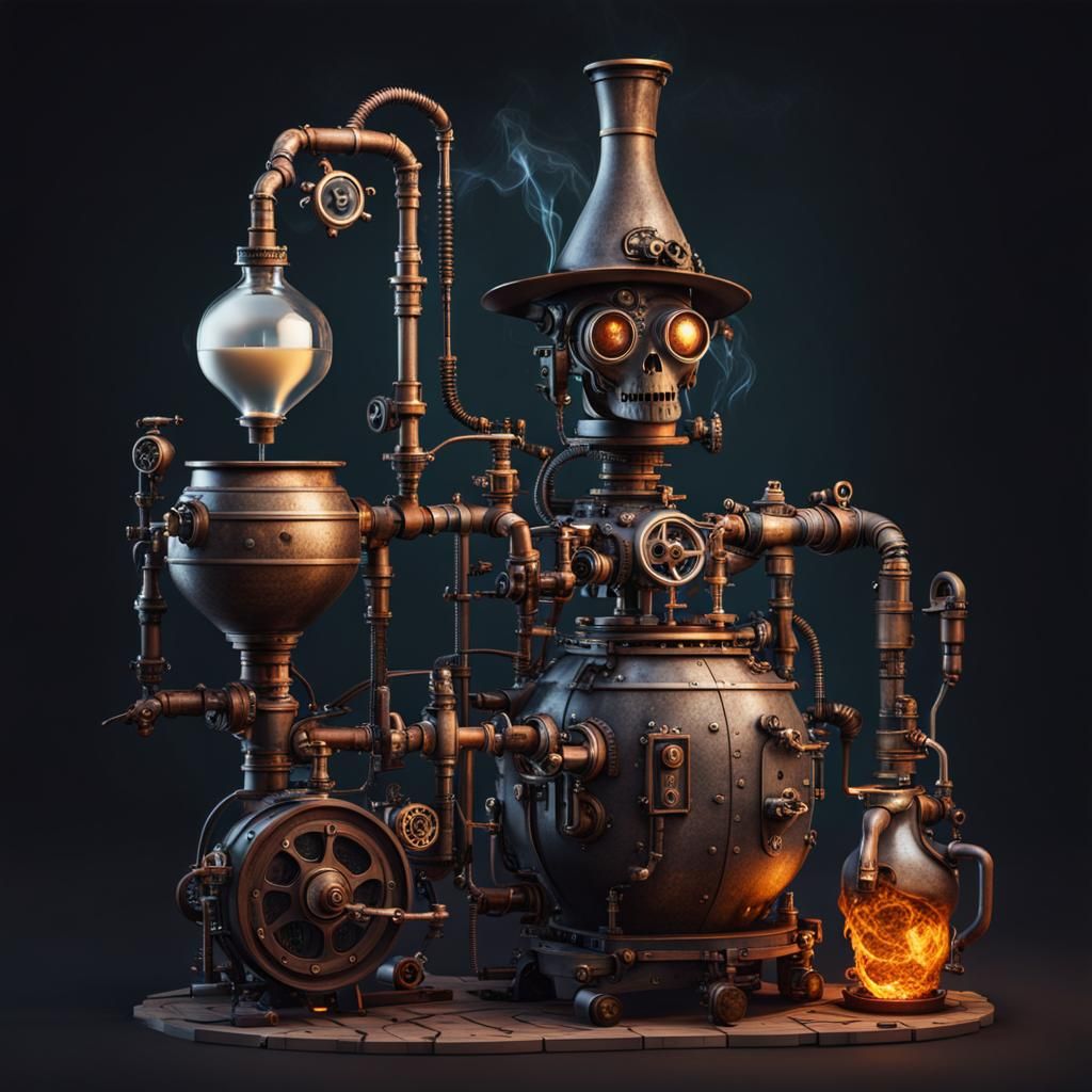 Steampunk Robotic Witch Brews Potion