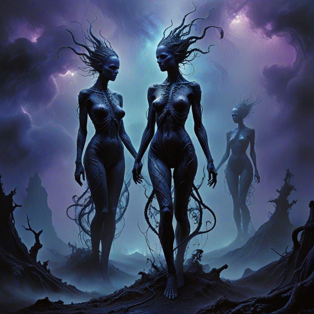 Ethereal Silhouettes Emerge from Inky Mist in Dark, Moody Bl...