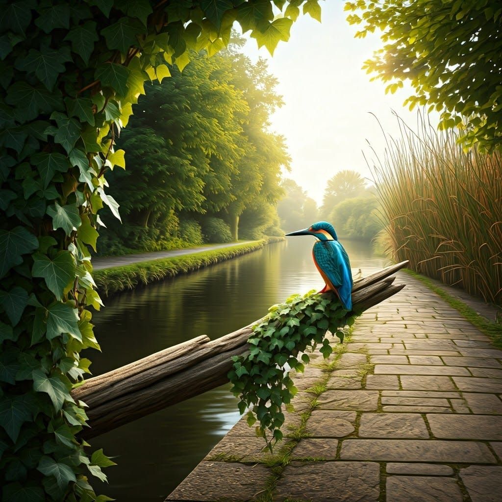 Kingfisher Perched Above Canal in Futuristic Realism Style