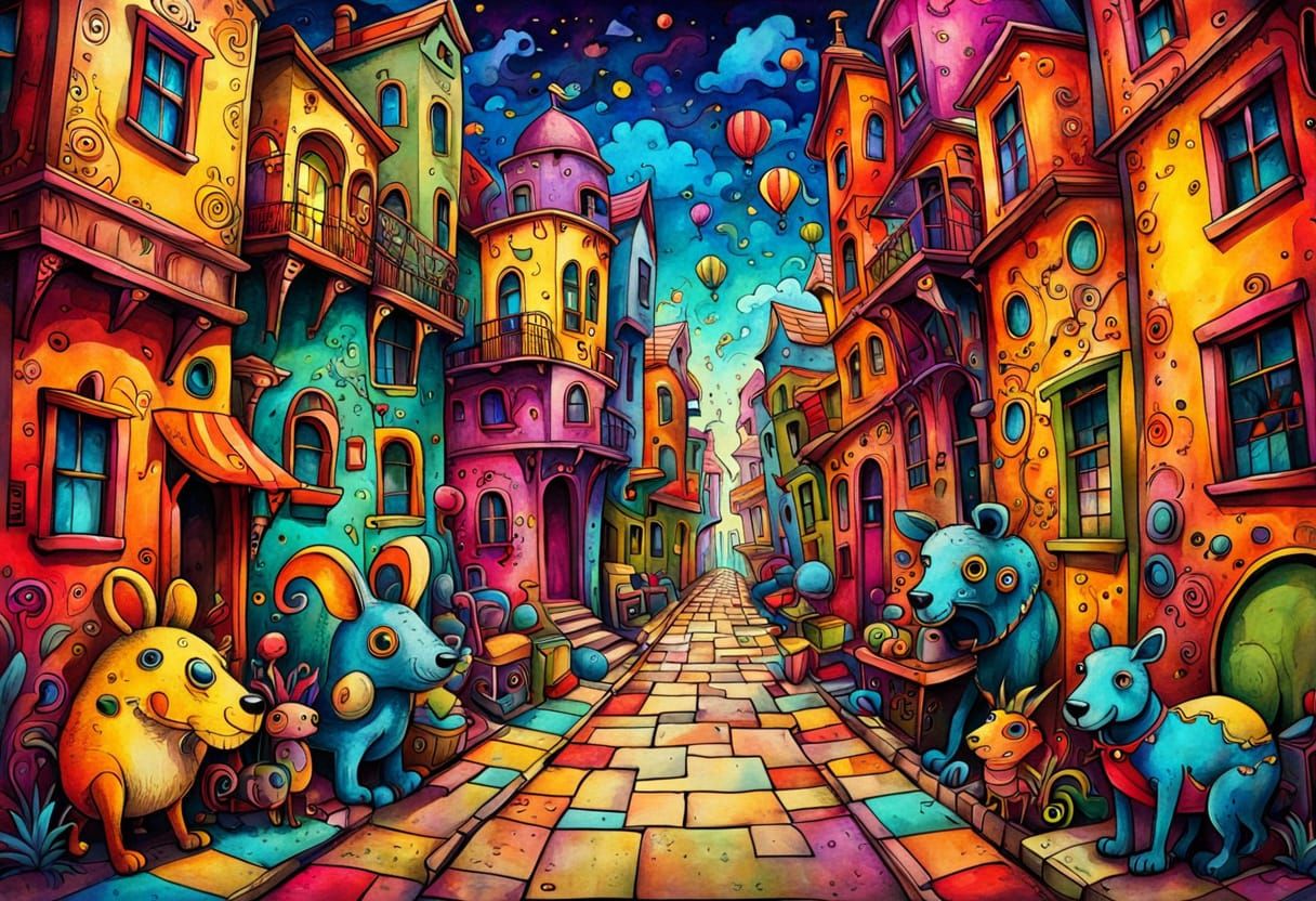 Whimsical Doodle Alley with Claymation Figures and Animals