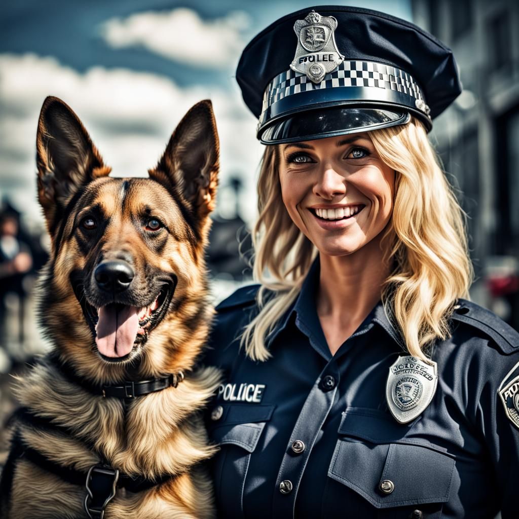 Blonde Woman and Police Dog in Hyperrealistic Style