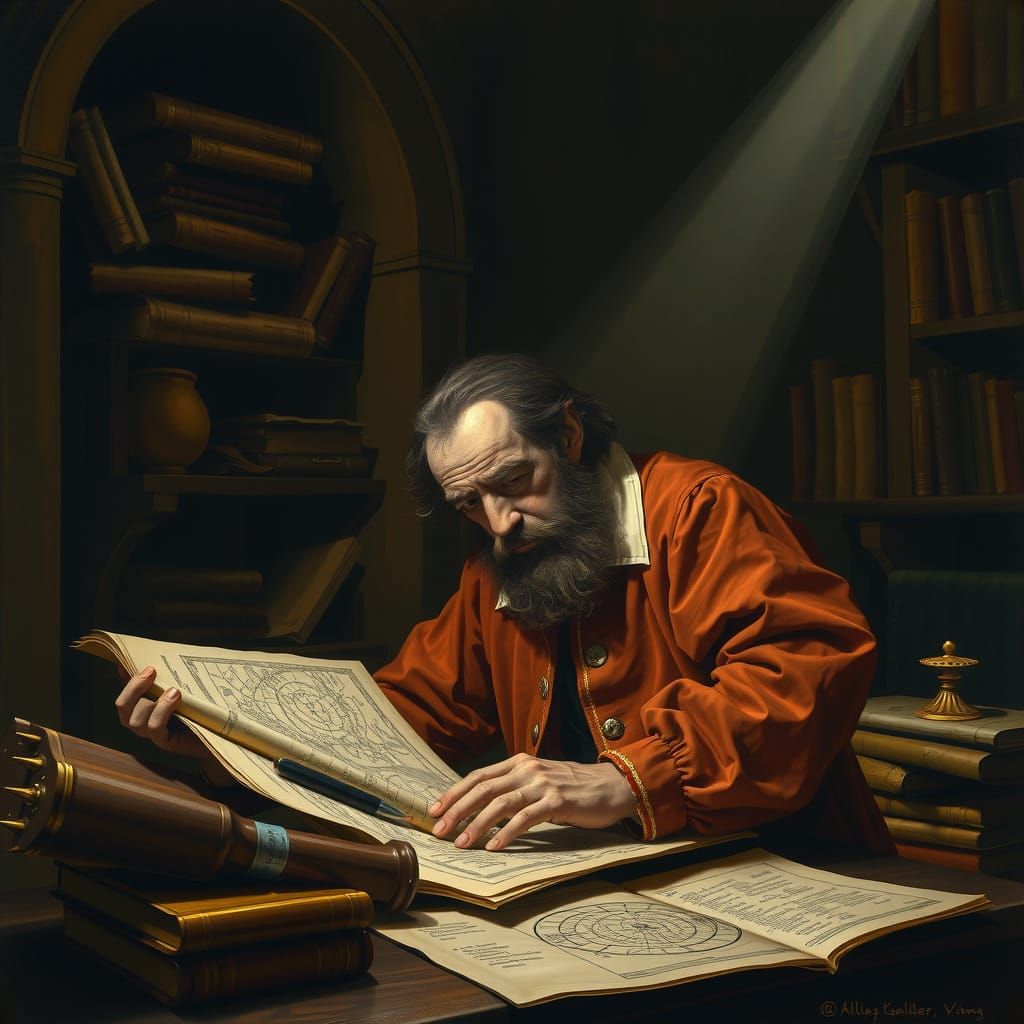 Galileo Galilei in Dimly Lit Study, Baroque Style