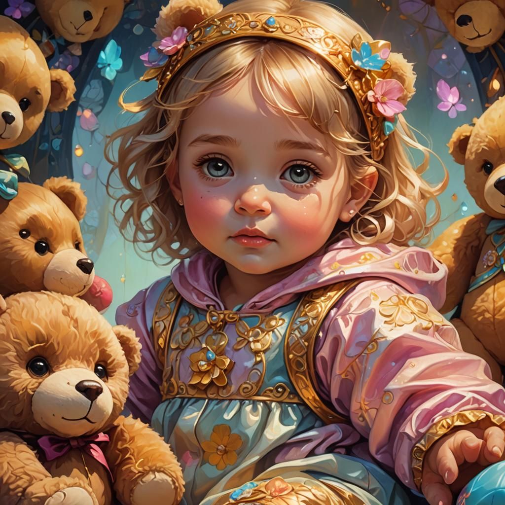 Cartoon Baby Girl with Teddy Bear in Art Nouveau Style